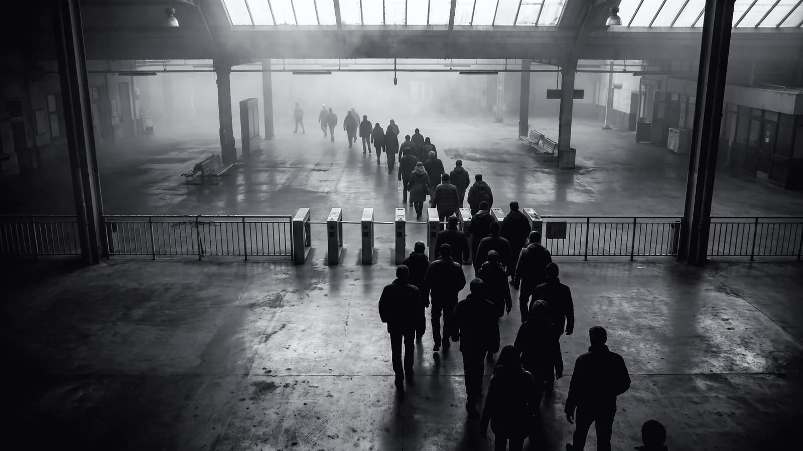 Illustrative frame: a station concourse from a high camera position. Two opposing streams of people cross an open floor toward a line of gates. Shown in black and white, with the annotated regions revealed in colour.