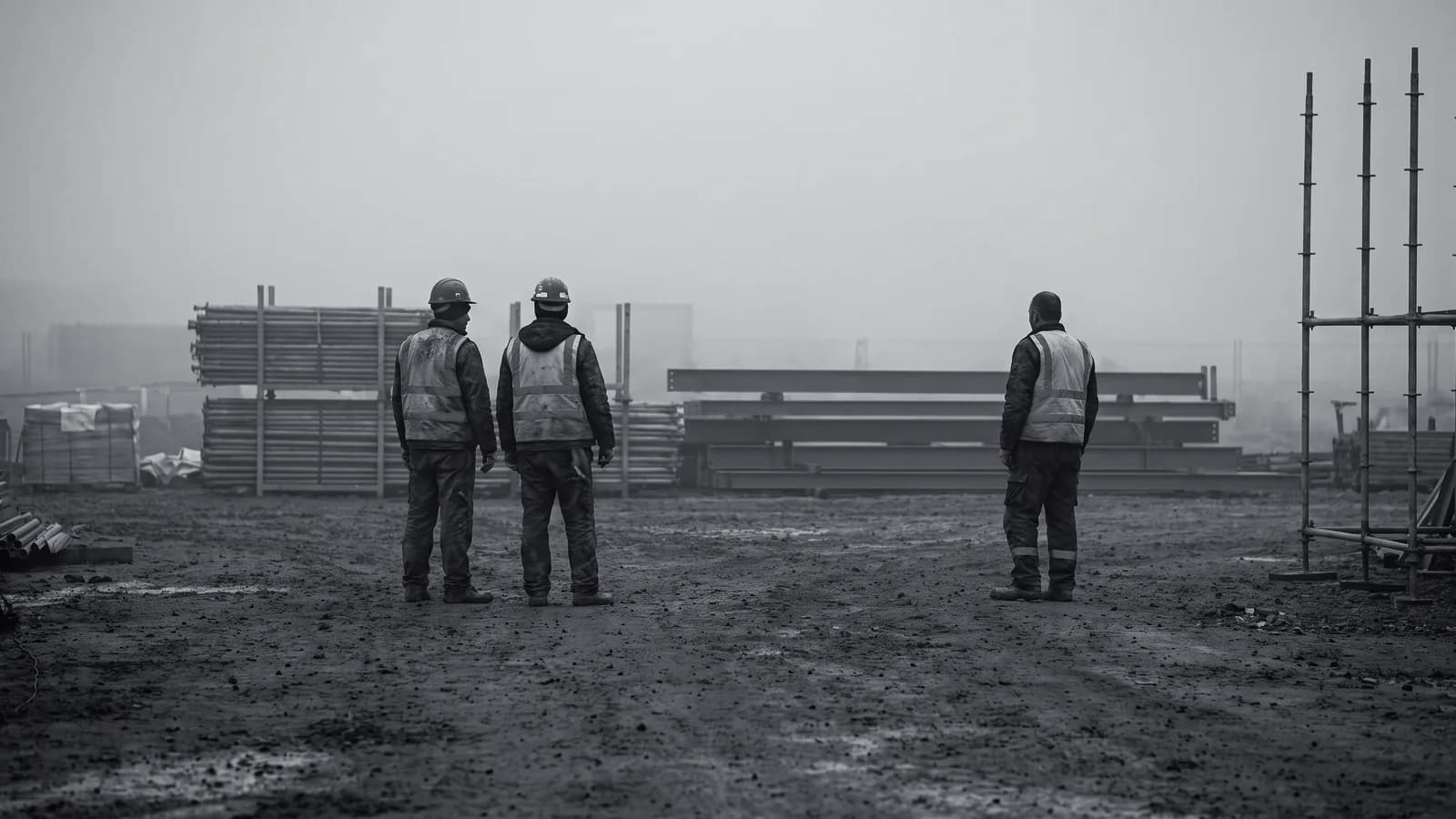 Illustrative frame: three workers on a construction site, with computer vision identifying that one of them is not wearing a hard hat. Shown in black and white, with the annotated regions revealed in colour.