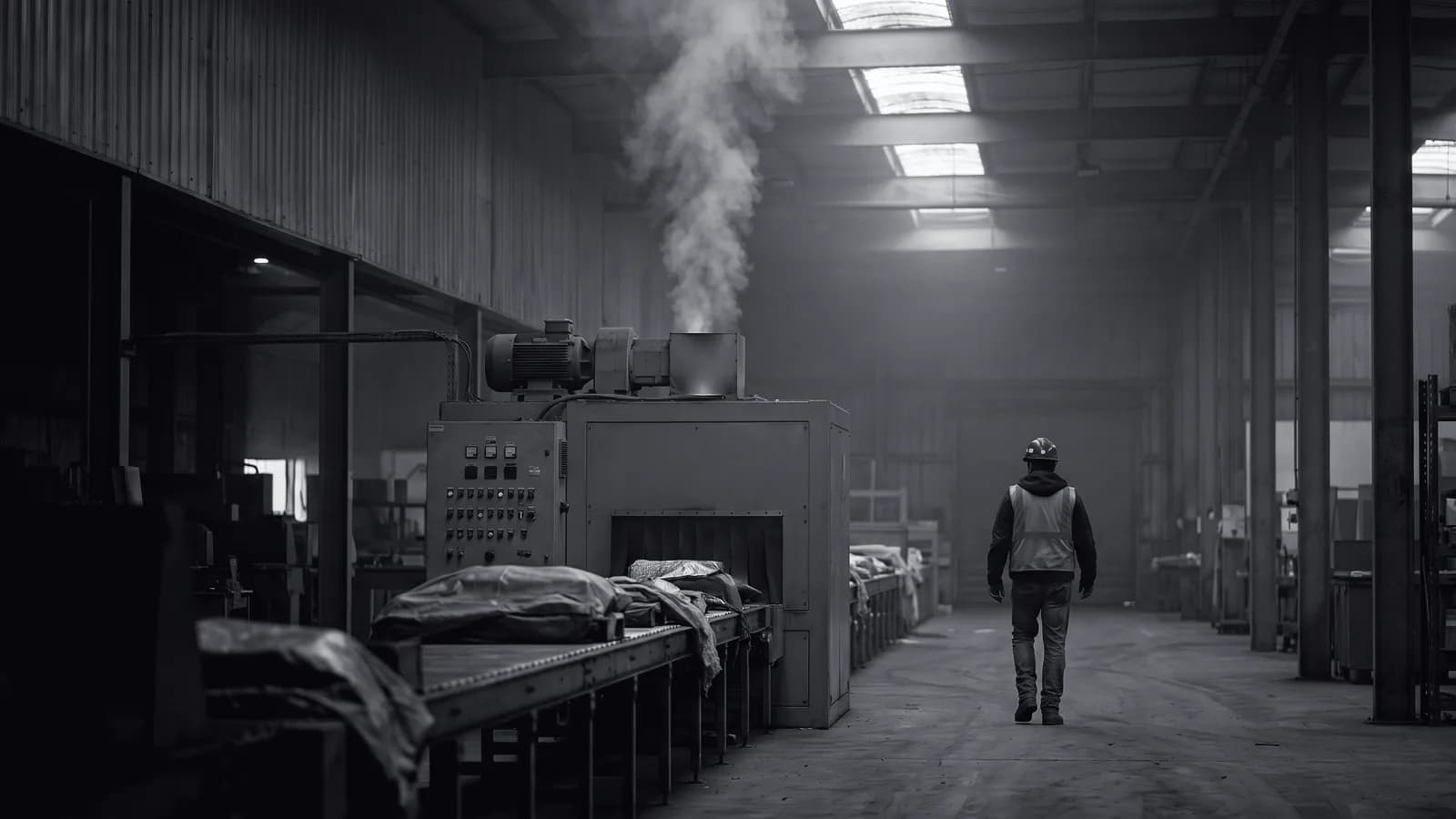 Illustrative frame: a machinery bay in a warehouse. A column of grey smoke rises from the top of a drive unit at the end of a conveyor line and spreads along the ceiling, with a worker moving away from it in the middle distance. Shown in black and white, with the annotated regions revealed in colour.