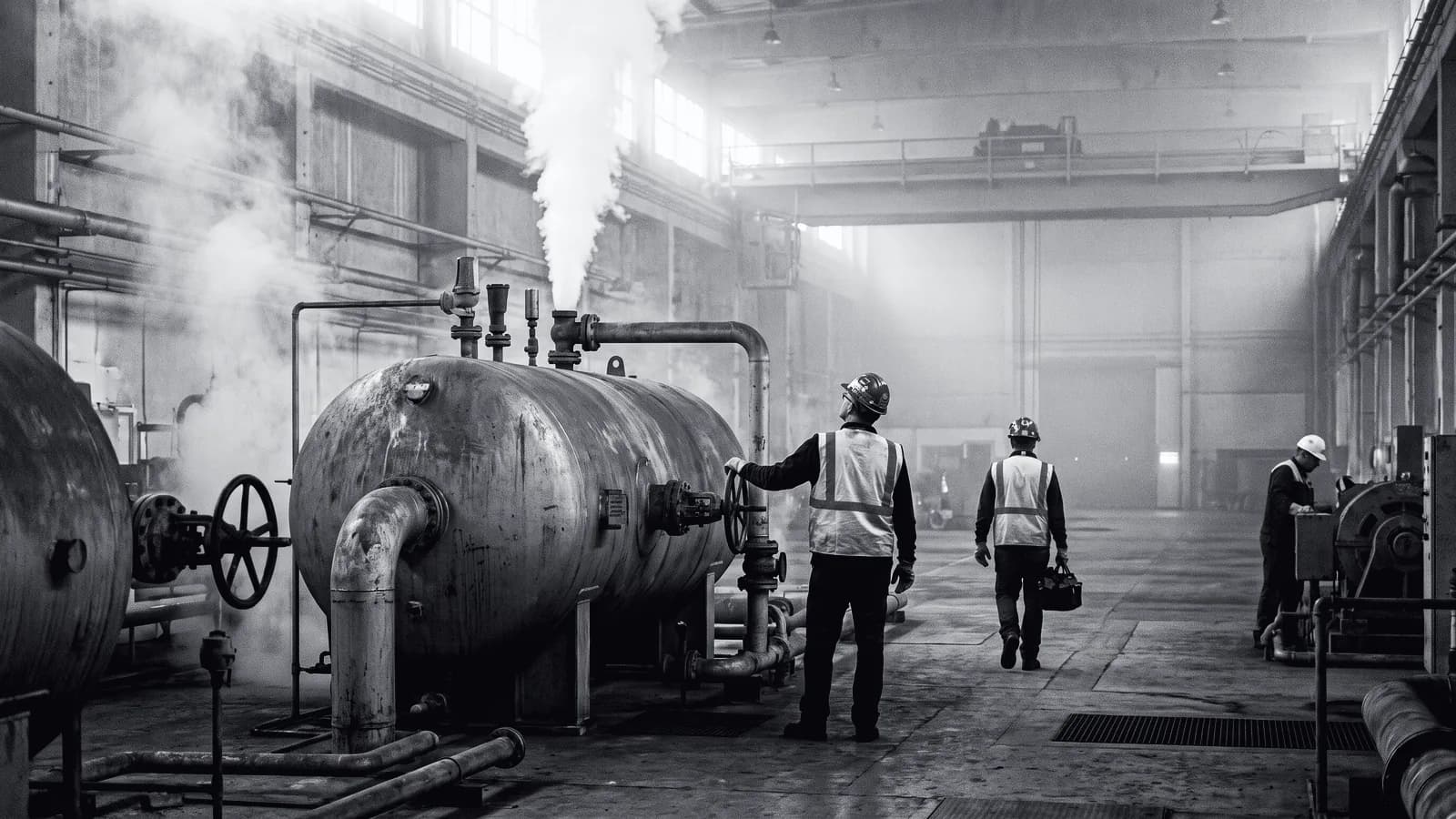 Illustrative frame: a turbine hall interior. An operator stands at a pressure vessel with one hand on a valve handwheel, a relief stack above it vents a steam column, and two more workers are at the far end of the bay. Shown in black and white, with the annotated regions revealed in magenta.