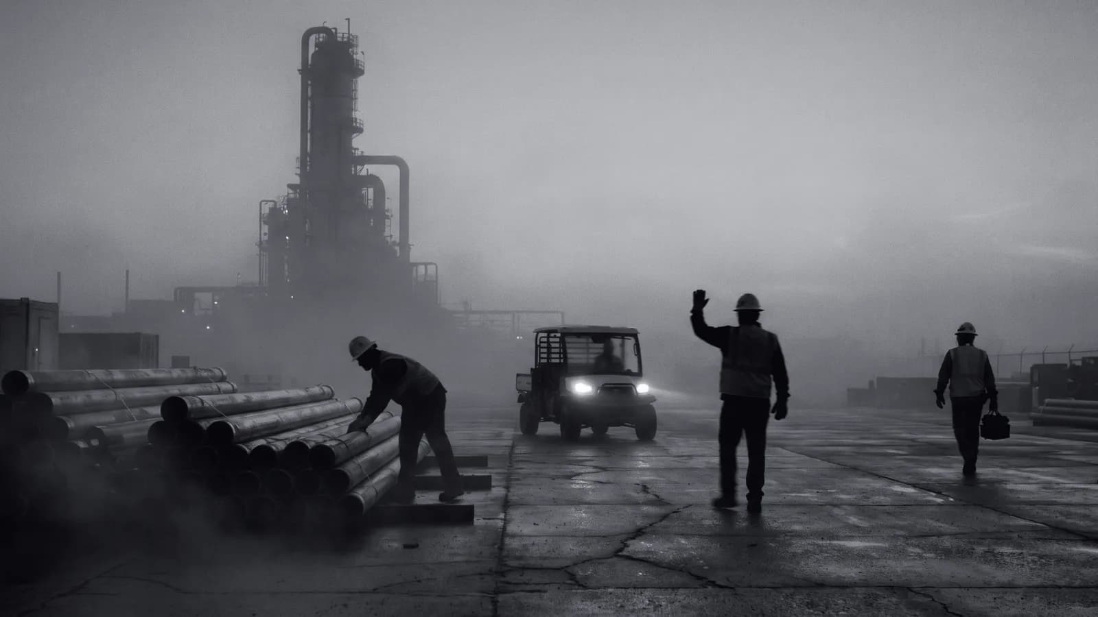 Illustrative frame: an industrial operations yard at dusk. A worker is bent over a pipe stack in the near ground, a utility vehicle crosses the apron with its headlights on, and a banksman stands in its path with one arm raised directing it. Shown in black and white, with the annotated regions revealed in magenta.