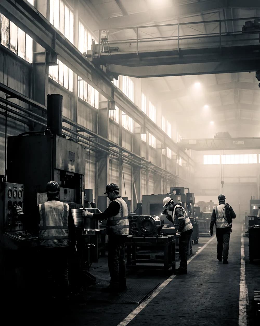 Illustrative frame: machinists working a press bank down the wall of a heavy manufacturing hall, light falling through a high clerestory roof.