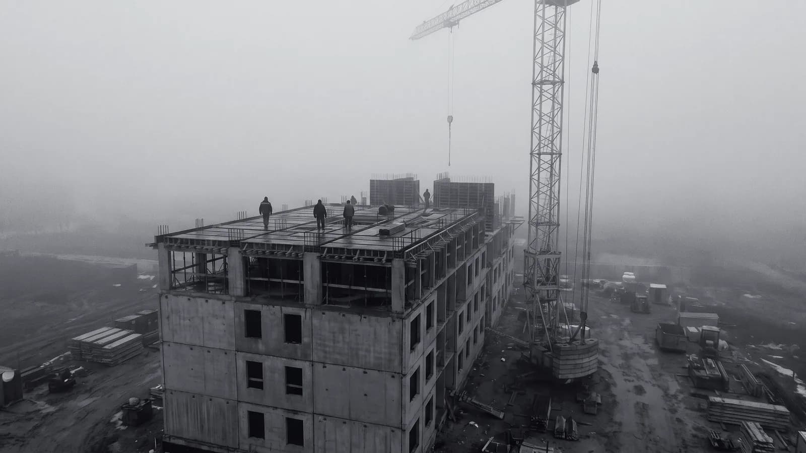 Illustrative frame: a mid-rise building under construction, with computer vision separating the completed structure from the part still in formwork and reporting the change in progress between two surveys. Shown in black and white, with the annotated regions revealed in colour.