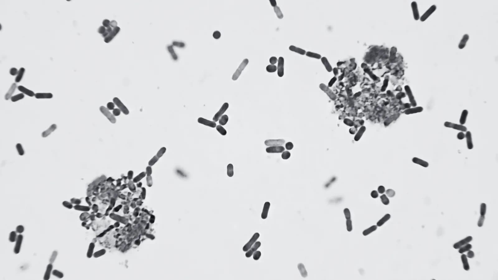 Illustrative frame: a brightfield microscope field of a stained bacterial culture. Discrete cells are scattered across the field with two denser colony regions. Shown in black and white, with the annotated regions revealed in colour.