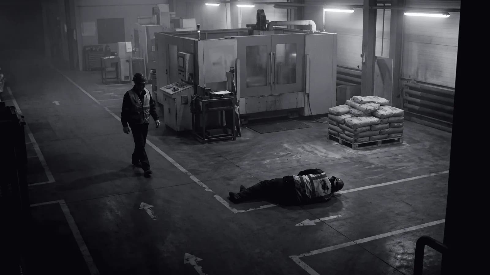 Illustrative frame: a production hall floor seen from above. One worker in PPE lies still on the open floor clear of the machinery while a second walks toward them from several metres away. Shown in black and white, with the annotated regions revealed in colour.