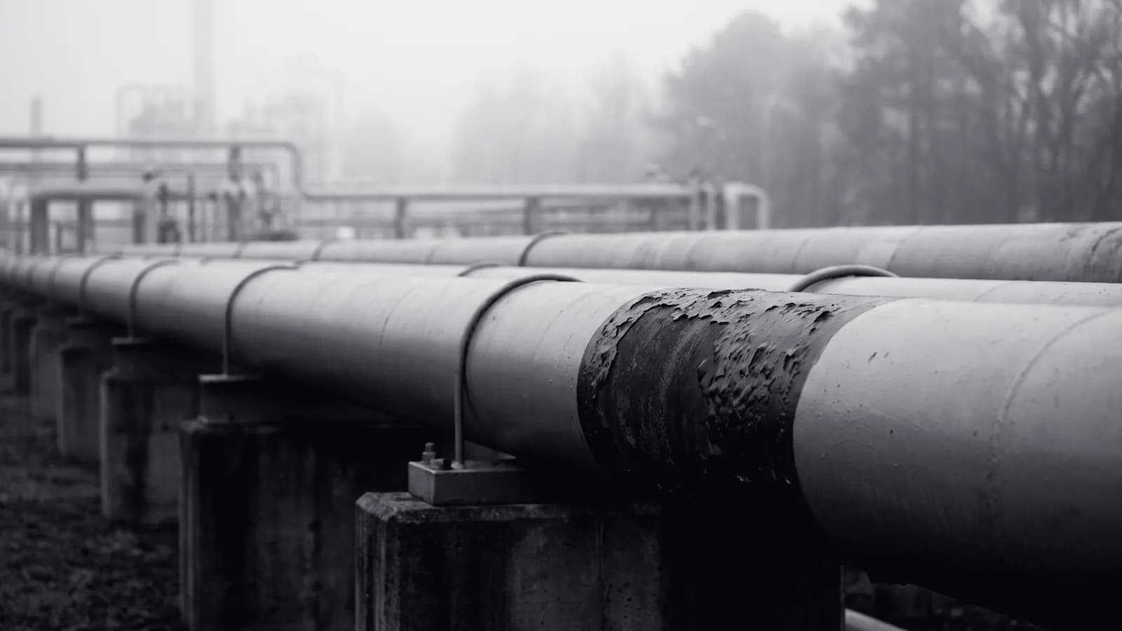 Illustrative frame: an industrial pipe run, with computer vision segmenting a patch where the coating has failed and the steel beneath is corroding. Shown in black and white, with the annotated regions revealed in colour.