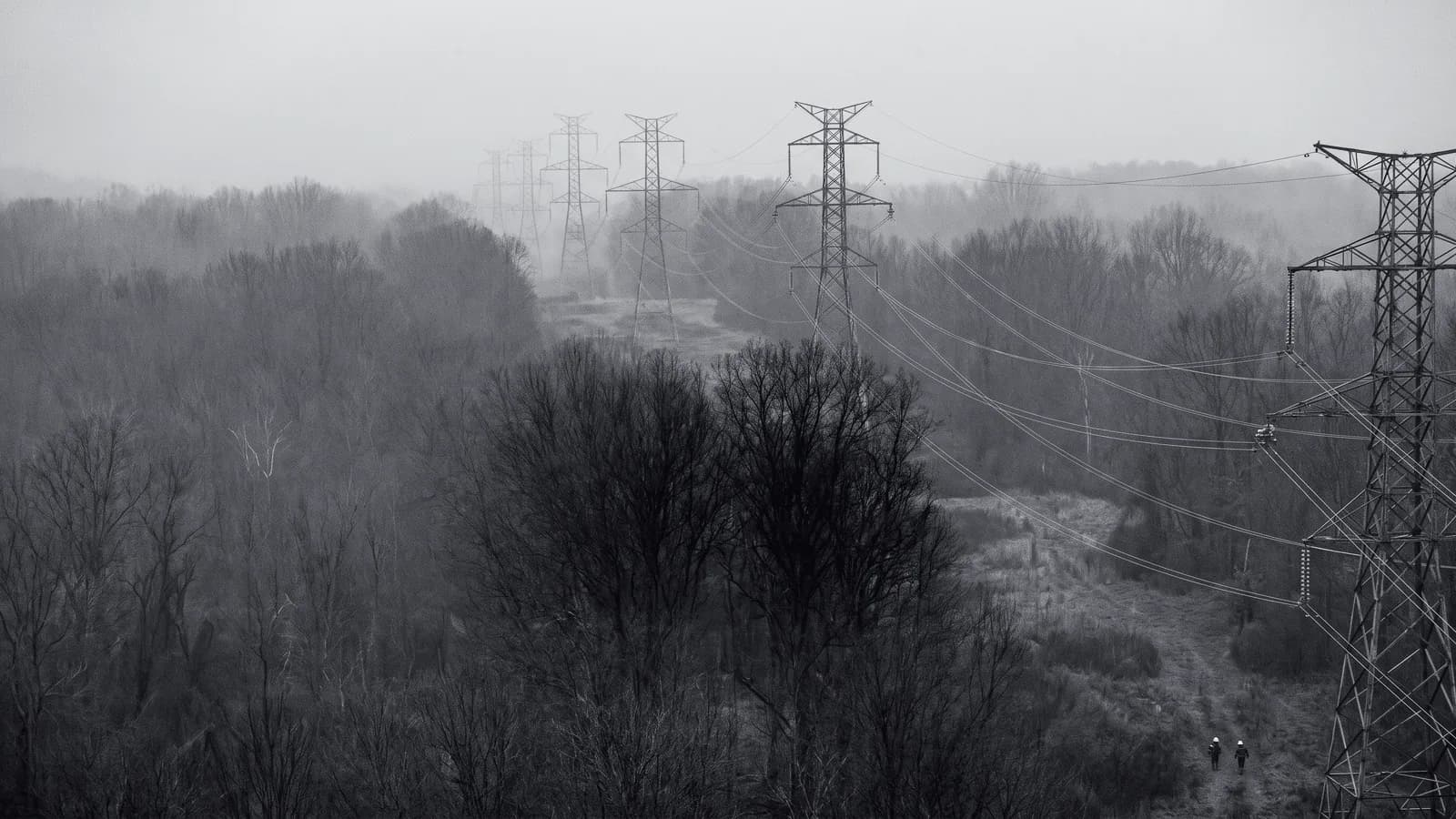 Illustrative frame: a high-voltage transmission line crossing woodland, with computer vision measuring the clearance between the tree canopy and the lowest conductor. Shown in black and white, with the annotated regions revealed in colour.